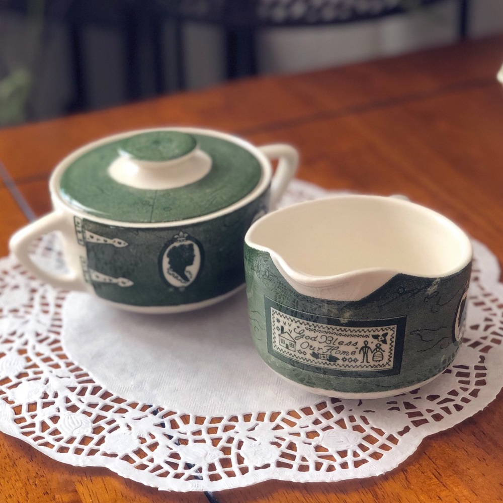 Vintage Royal USA Colonial Homestead Green Creamer Pitcher, Sugar Bowl with Lid